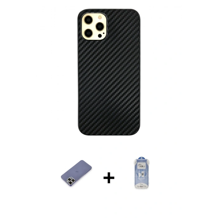 MARSİLYAN™- iPhone 12 Pro Max Kılıf Nova Çizgi - Siyah Joko Magic 5D Cam + Metal Kamera Lens Koruma Cam - GD