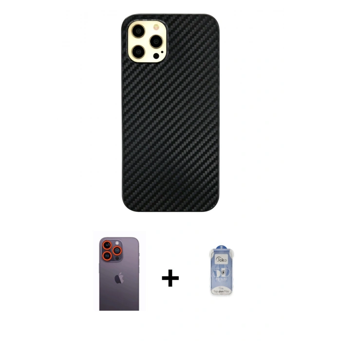 MARSİLYAN™- iPhone 12 Pro Max Kılıf Nova Çizgi - Siyah Joko Magic 5D Cam + Neon Fosforlu Kamera Lens - TU