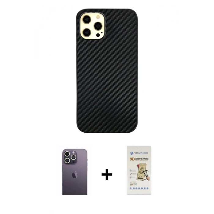 MARSİLYAN™- iPhone 12 Pro Max Kılıf Nova Çizgi - Siyah Mat Seramik Nano Ekran Koruyucu + Beyaz Neon Fosforlu Kamera Lens