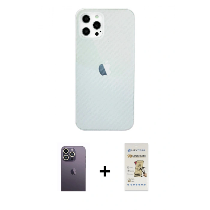MARSİLYAN™- iPhone 12 Pro Max Kılıf Nova Çizgi - Siyah Mat Seramik Nano Ekran Koruyucu + Beyaz Neon Fosforlu Kamera Lens