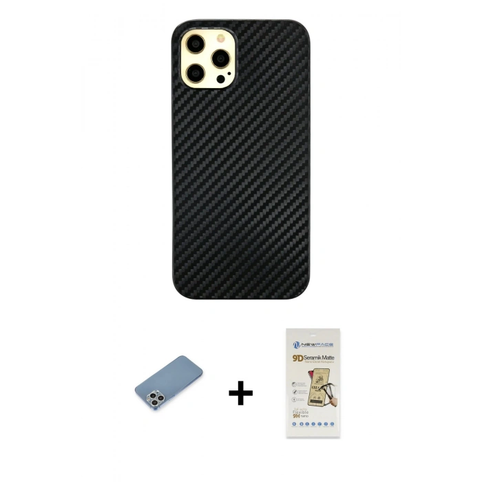 MARSİLYAN™- iPhone 12 Pro Max Kılıf Nova Çizgi - Siyah Mat Seramik Nano Ekran Koruyucu + Shine Kamera Lens Koruma Cam - GS