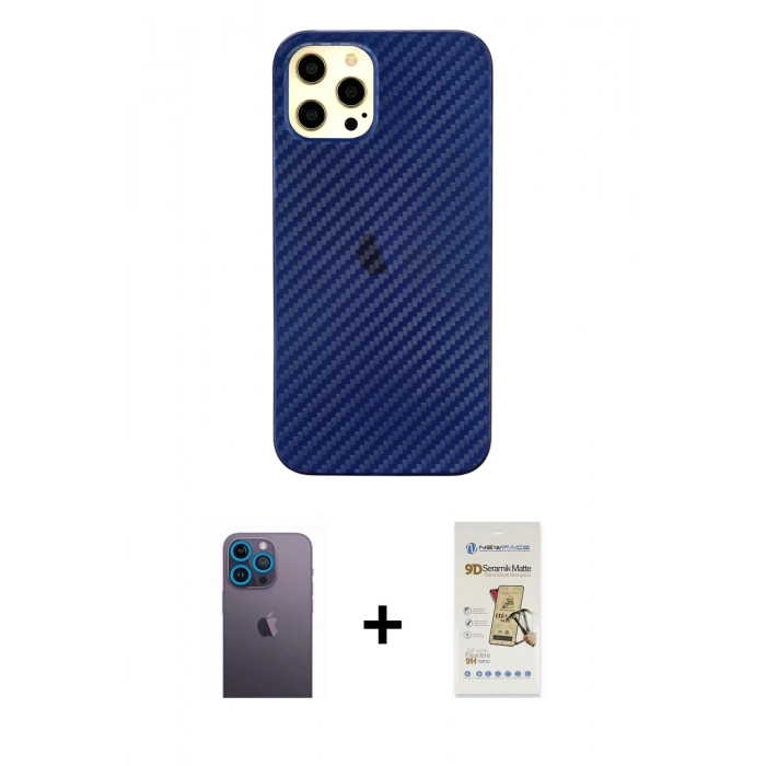 MARSİLYAN™- iPhone 12 Pro Max Kılıf Nova Çizgi - Siyah Mat Seramik Nano Ekran Koruyucu + Neon Fosforlu Kamera Lens - MI