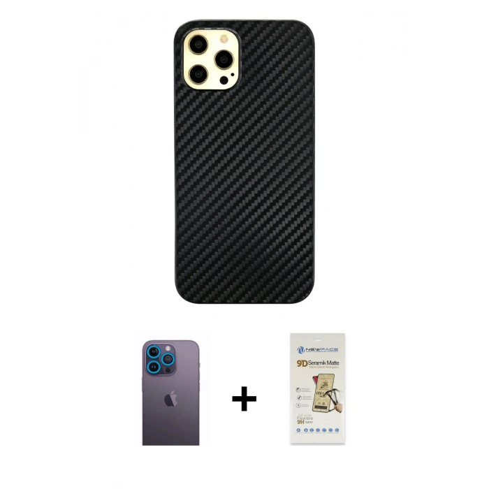 MARSİLYAN™- iPhone 12 Pro Max Kılıf Nova Çizgi - Siyah Mat Seramik Nano Ekran Koruyucu + Neon Fosforlu Kamera Lens - MI
