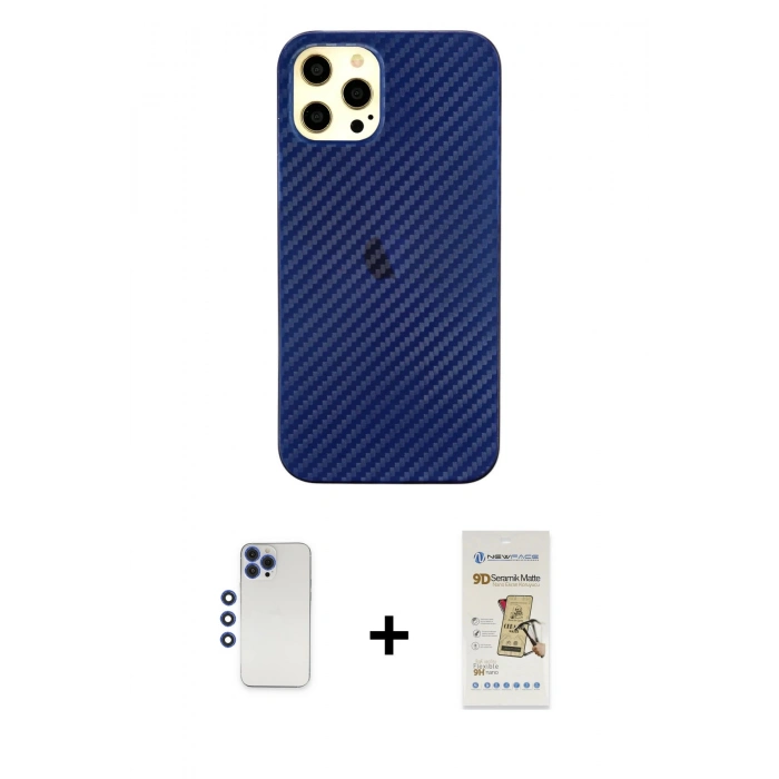 MARSİLYAN™- iPhone 12 Pro Max Kılıf Nova Çizgi - Siyah Mat Seramik Nano Ekran Koruyucu + Shine Kamera Lens - LT