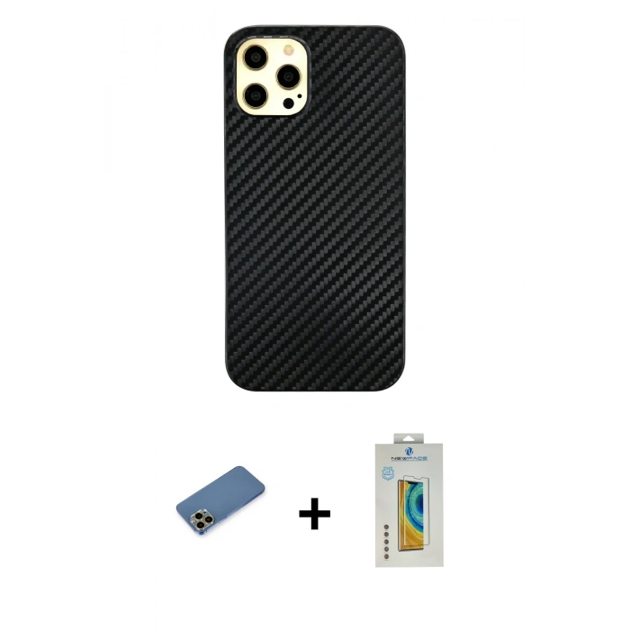MARSİLYAN™- iPhone 12 Pro Max Kılıf Nova Çizgi - Siyah Polymer Nano Ekran Koruyucu + Shine Kamera Lens Koruma Cam - GD