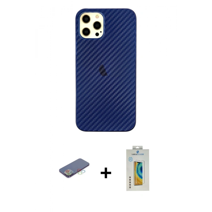 MARSİLYAN™- iPhone 12 Pro Max Kılıf Nova Çizgi - Siyah Polymer Nano Ekran Koruyucu + Mavi Renkli Kamera Lens Koruma Cam