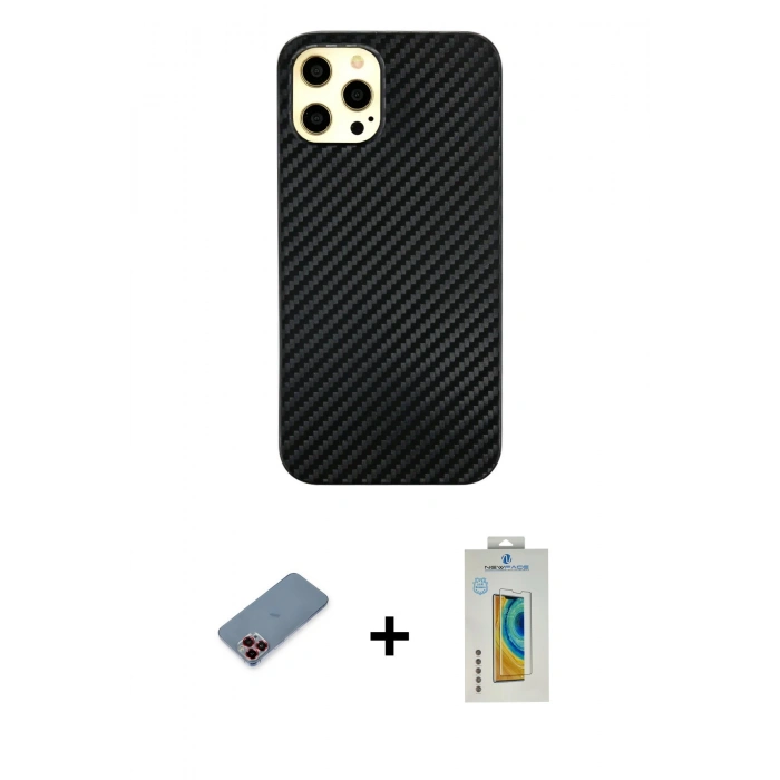 MARSİLYAN™- iPhone 12 Pro Max Kılıf Nova Çizgi - Siyah Polymer Nano Ekran Koruyucu + Metal Kamera Lens Koruma Cam - KI