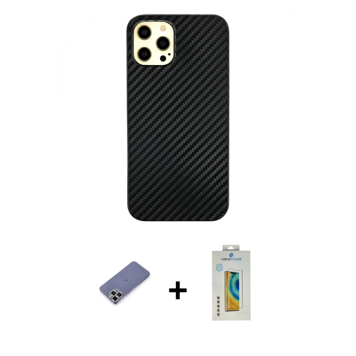 MARSİLYAN™- iPhone 12 Pro Max Kılıf Nova Çizgi - Siyah Polymer Nano Ekran Koruyucu + Metal Kamera Lens Koruma Cam - GD