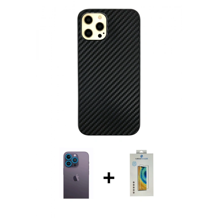 MARSİLYAN™- iPhone 12 Pro Max Kılıf Nova Çizgi - Siyah Polymer Nano Ekran Koruyucu + Neon Fosforlu Kamera Lens - MI