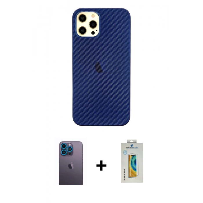 MARSİLYAN™- iPhone 12 Pro Max Kılıf Nova Çizgi - Siyah Polymer Nano Ekran Koruyucu + Neon Fosforlu Kamera Lens - MI
