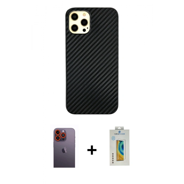 MARSİLYAN™- iPhone 12 Pro Max Kılıf Nova Çizgi - Siyah Polymer Nano Ekran Koruyucu + Neon Fosforlu Kamera Lens - TU