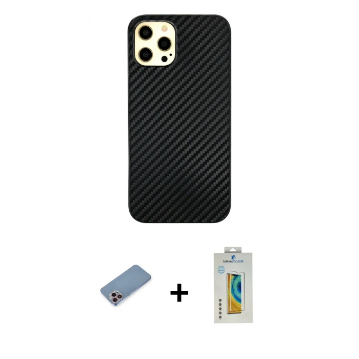 MARSİLYAN™- iPhone 12 Pro Max Kılıf Nova Çizgi - Siyah Polymer Nano Ekran Koruyucu + Shine Kamera Lens Koruma Cam - PE