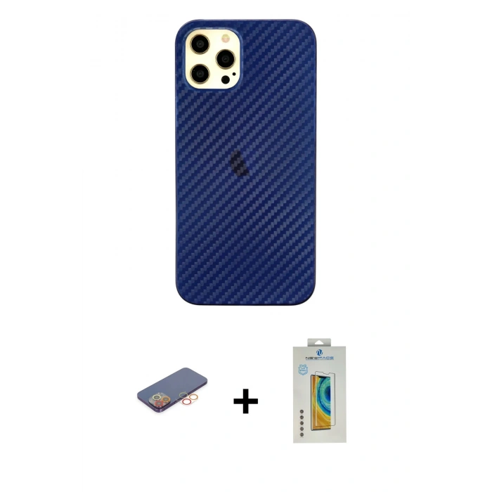 MARSİLYAN™- iPhone 12 Pro Max Kılıf Nova Çizgi - Siyah Polymer Nano Ekran Koruyucu + Renkli Kamera Lens Koruma Cam - TU