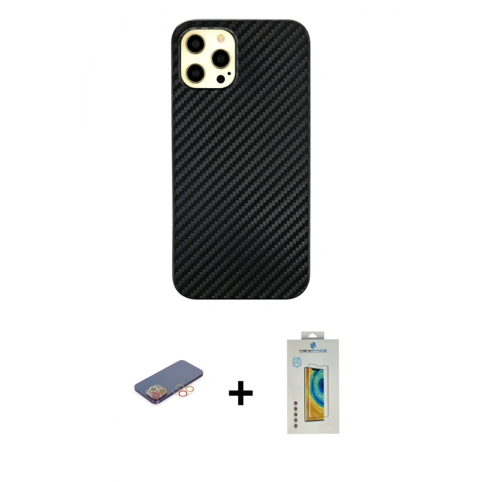 MARSİLYAN™- iPhone 12 Pro Max Kılıf Nova Çizgi - Siyah Polymer Nano Ekran Koruyucu + Renkli Kamera Lens Koruma Cam - TU