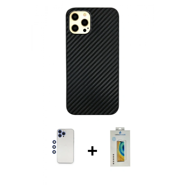 MARSİLYAN™- iPhone 12 Pro Max Kılıf Nova Çizgi - Siyah Polymer Nano Ekran Koruyucu + Shine Kamera Lens - LT