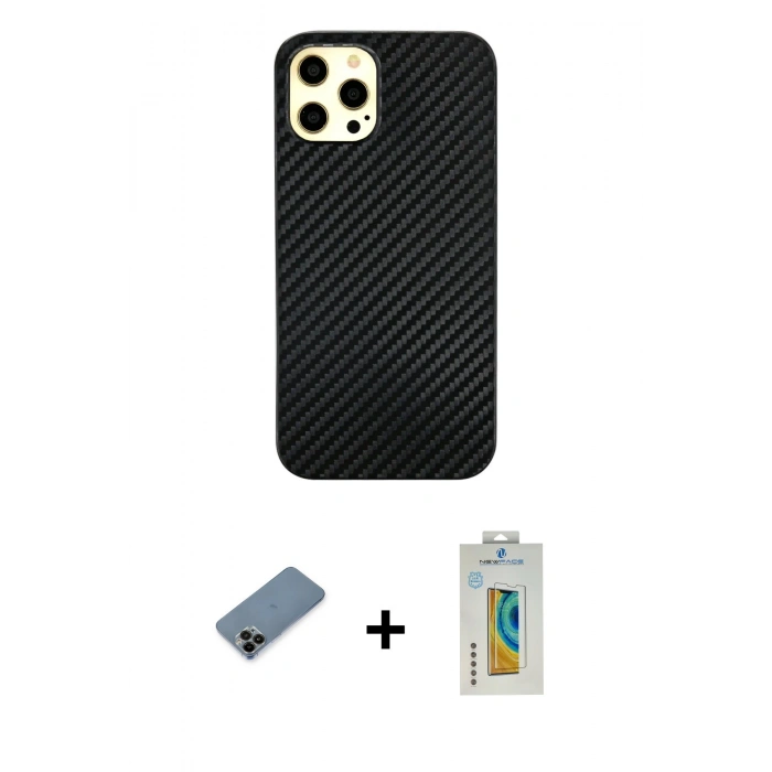 MARSİLYAN™- iPhone 12 Pro Max Kılıf Nova Çizgi - Siyah Polymer Nano Ekran Koruyucu + Shine Kamera Lens Koruma Cam - SH
