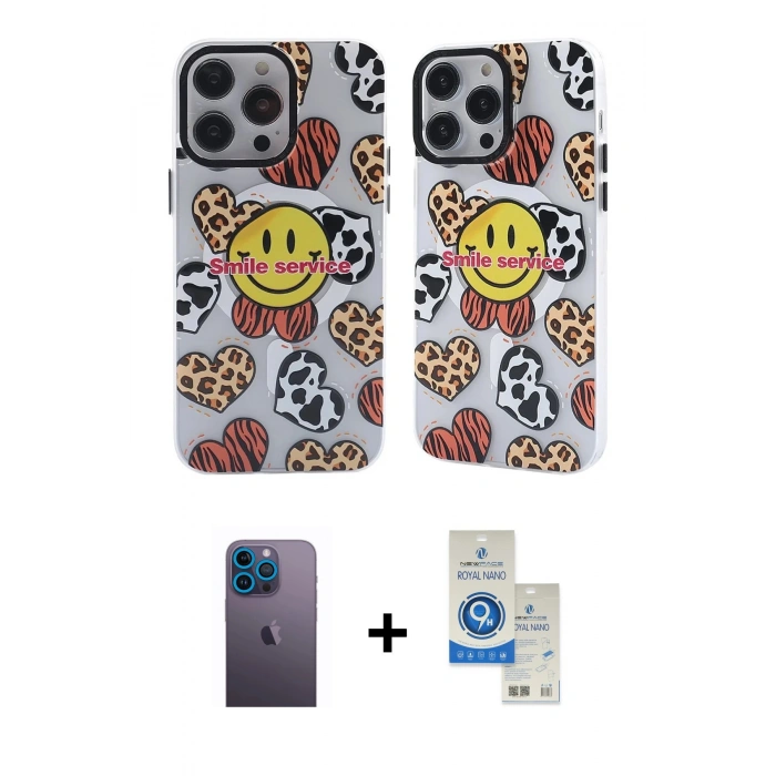 MARSİLYAN™- iPhone 12 Pro Max Kılıf Nova Doku Koleksiyonu - Şeffaf Royal Nano Ekran Koruyucu + Mavi Neon Fosforlu Kamera Lens