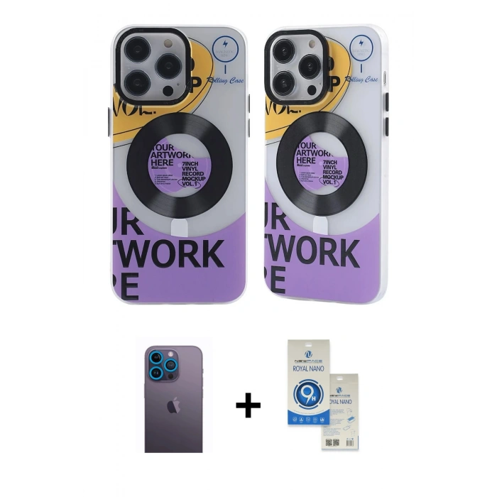 MARSİLYAN™- iPhone 12 Pro Max Kılıf Nova Doku Koleksiyonu - Şeffaf Royal Nano Ekran Koruyucu + Mavi Neon Fosforlu Kamera Lens