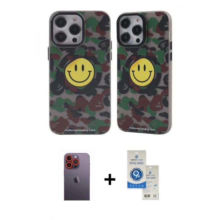 MARSİLYAN™- iPhone 12 Pro Max Kılıf Nova Doku Koleksiyonu - Şeffaf Royal Nano Ekran Koruyucu + Neon Fosforlu Kamera Lens - TU