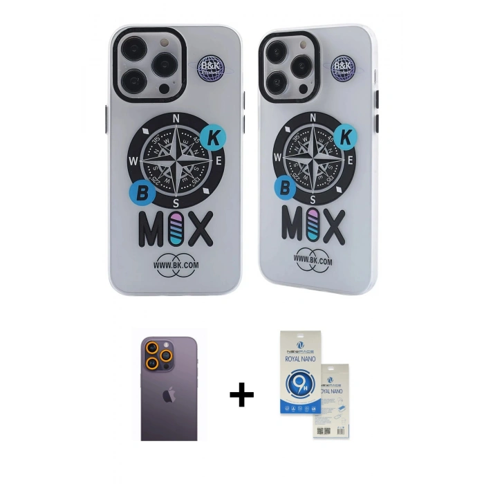 MARSİLYAN™- iPhone 12 Pro Max Kılıf Nova Doku Koleksiyonu - Şeffaf Royal Nano Ekran Koruyucu + Neon Fosforlu Kamera Lens - SI