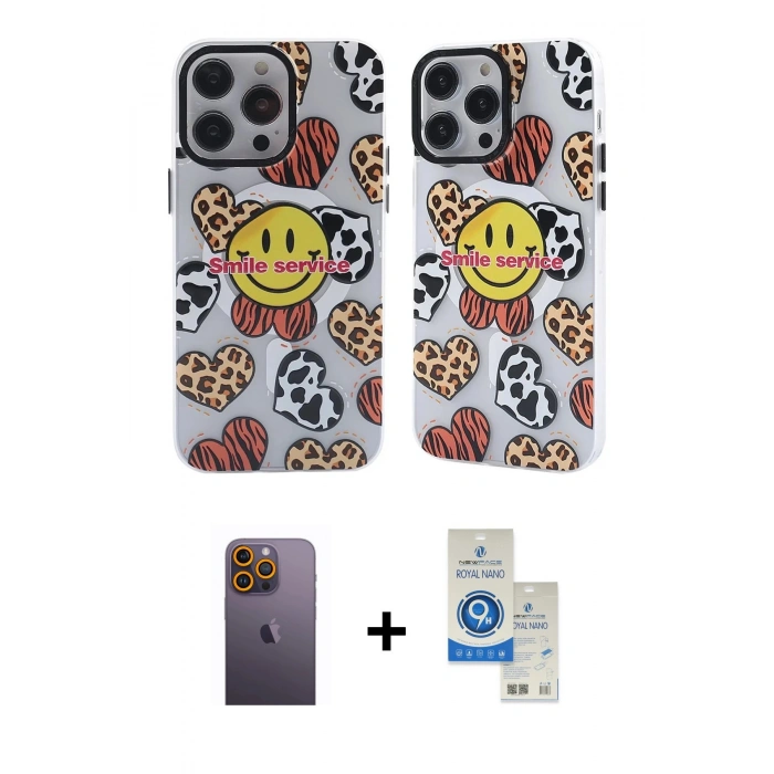 MARSİLYAN™- iPhone 12 Pro Max Kılıf Nova Doku Koleksiyonu - Şeffaf Royal Nano Ekran Koruyucu + Neon Fosforlu Kamera Lens - SI