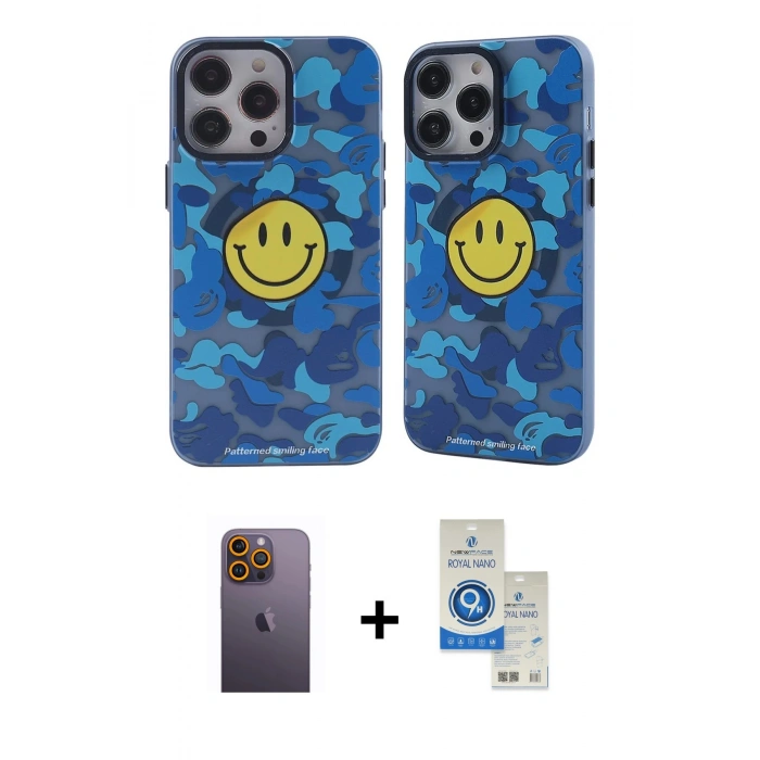 MARSİLYAN™- iPhone 12 Pro Max Kılıf Nova Doku Koleksiyonu - Şeffaf Royal Nano Ekran Koruyucu + Neon Fosforlu Kamera Lens - SI