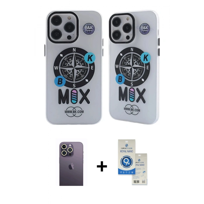MARSİLYAN™- iPhone 12 Pro Max Kılıf Nova Doku Koleksiyonu - Şeffaf Royal Nano Ekran Koruyucu + Neon Fosforlu Kamera Lens - BZ