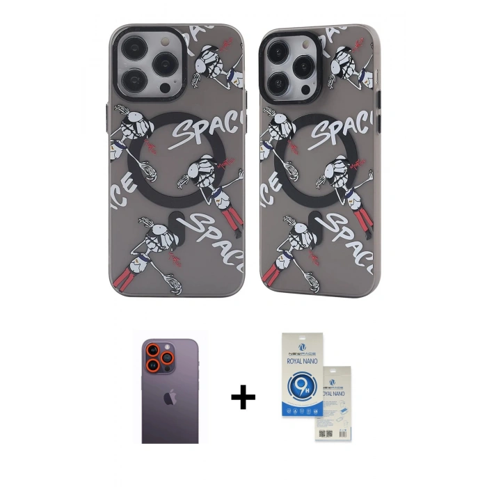MARSİLYAN™- iPhone 12 Pro Max Kılıf Nova Doku Koleksiyonu - Şeffaf Royal Nano Ekran Koruyucu + Neon Fosforlu Kamera Lens - TU