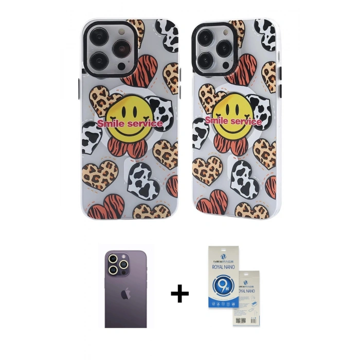 MARSİLYAN™- iPhone 12 Pro Max Kılıf Nova Doku Koleksiyonu - Şeffaf Royal Nano Ekran Koruyucu + Neon Fosforlu Kamera Lens - BZ