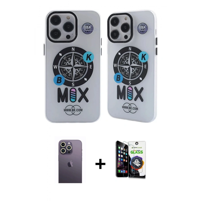 MARSİLYAN™- iPhone 12 Pro Max Kılıf Nova Doku Koleksiyonu - Şeffaf Temperli Cam Ekran Koruyucu + Neon Fosforlu Kamera Lens - BZ