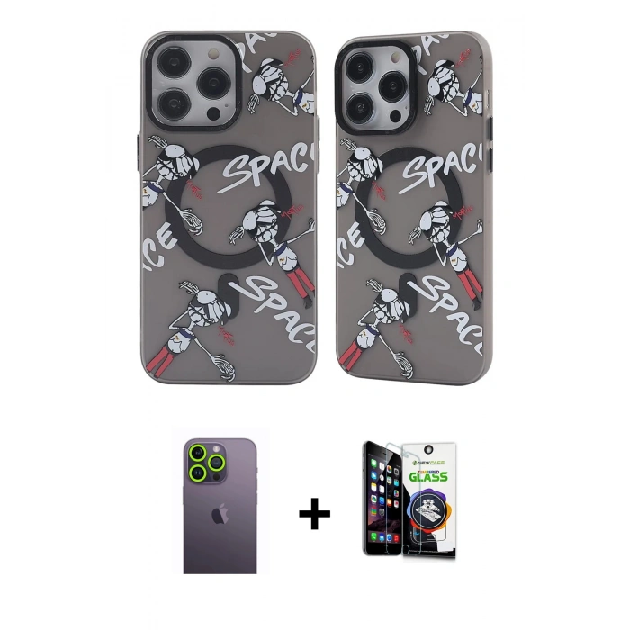 MARSİLYAN™- iPhone 12 Pro Max Kılıf Nova Doku Koleksiyonu - Şeffaf Temperli Cam Ekran Koruyucu + Neon Fosforlu Kamera Lens - YL