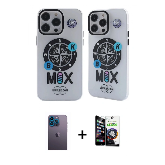 MARSİLYAN™- iPhone 12 Pro Max Kılıf Nova Doku Koleksiyonu - Şeffaf Temperli Cam Ekran Koruyucu + Neon Fosforlu Kamera Lens - MI