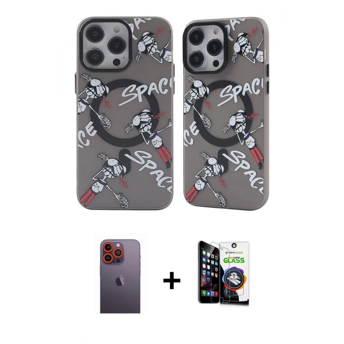 MARSİLYAN™- iPhone 12 Pro Max Kılıf Nova Doku Koleksiyonu - Şeffaf Temperli Cam Ekran Koruyucu + Neon Fosforlu Kamera Lens - TU