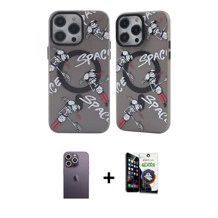 MARSİLYAN™- iPhone 12 Pro Max Kılıf Nova Doku Koleksiyonu - Şeffaf Temperli Cam Ekran Koruyucu + Neon Fosforlu Kamera Lens - BZ