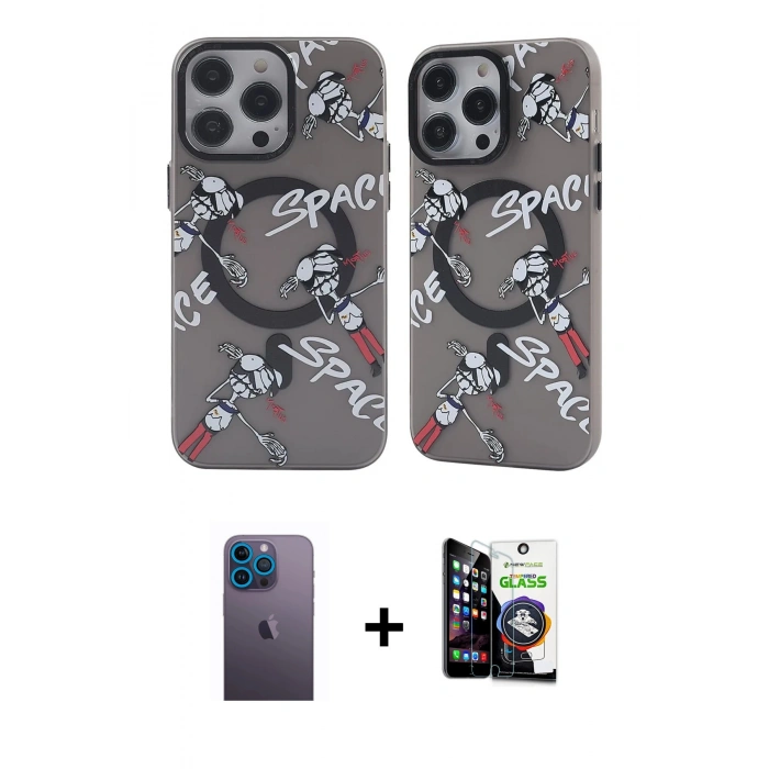 MARSİLYAN™- iPhone 12 Pro Max Kılıf Nova Doku Koleksiyonu - Şeffaf Temperli Cam Ekran Koruyucu + Neon Fosforlu Kamera Lens - MI