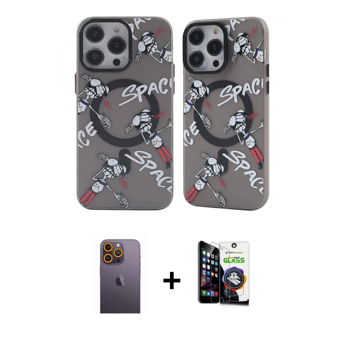MARSİLYAN™- iPhone 12 Pro Max Kılıf Nova Doku Koleksiyonu - Şeffaf Temperli Cam Ekran Koruyucu + Neon Fosforlu Kamera Lens - SI