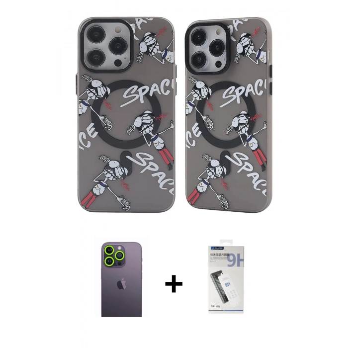 MARSİLYAN™- iPhone 12 Pro Max Kılıf Nova Doku Koleksiyonu - Şeffaf Uv Polymer Nano Ekran Koruyucu + Yeşil Neon Fosforlu Kamera Lens