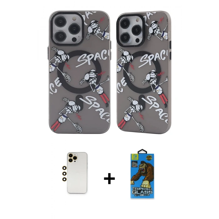 MARSİLYAN™- iPhone 12 Pro Max Kılıf Nova Doku Koleksiyonu - Siyah 18D Cam Ekran Koruyucu + Gold Shine Kamera Lens
