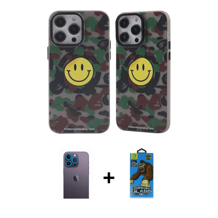 MARSİLYAN™- iPhone 12 Pro Max Kılıf Nova Doku Koleksiyonu - Siyah 18D Cam Ekran Koruyucu + Neon Fosforlu Kamera Lens - MI