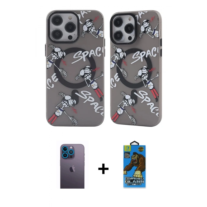 MARSİLYAN™- iPhone 12 Pro Max Kılıf Nova Doku Koleksiyonu - Siyah 18D Cam Ekran Koruyucu + Neon Fosforlu Kamera Lens - MI
