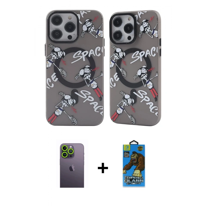 MARSİLYAN™- iPhone 12 Pro Max Kılıf Nova Doku Koleksiyonu - Siyah 18D Cam Ekran Koruyucu + Neon Fosforlu Kamera Lens - YL