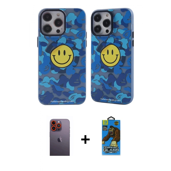 MARSİLYAN™- iPhone 12 Pro Max Kılıf Nova Doku Koleksiyonu - Siyah 18D Cam Ekran Koruyucu + Neon Fosforlu Kamera Lens - TU