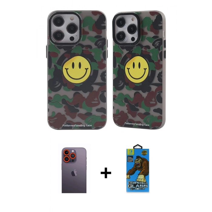 MARSİLYAN™- iPhone 12 Pro Max Kılıf Nova Doku Koleksiyonu - Siyah 18D Cam Ekran Koruyucu + Neon Fosforlu Kamera Lens - TU