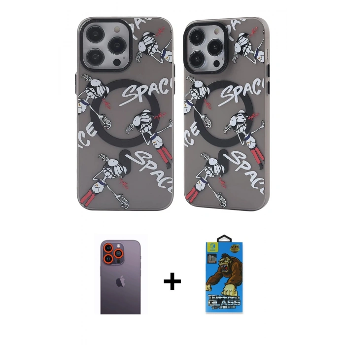 MARSİLYAN™- iPhone 12 Pro Max Kılıf Nova Doku Koleksiyonu - Siyah 18D Cam Ekran Koruyucu + Neon Fosforlu Kamera Lens - TU