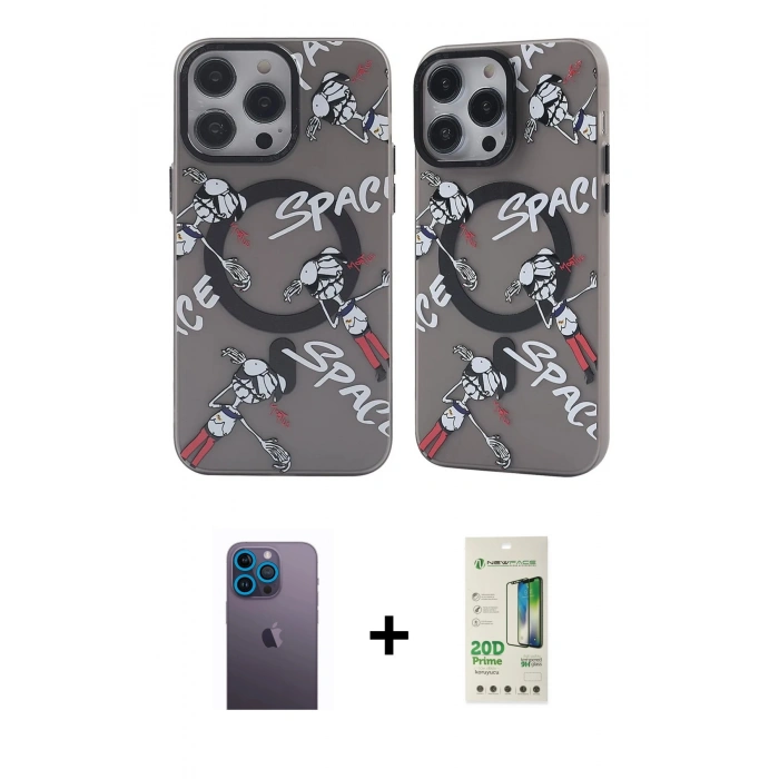 MARSİLYAN™- iPhone 12 Pro Max Kılıf Nova Doku Koleksiyonu - Siyah 20D Premium Cam Ekran Koruyucu + Neon Fosforlu Kamera Lens - MI