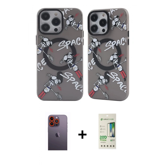MARSİLYAN™- iPhone 12 Pro Max Kılıf Nova Doku Koleksiyonu - Siyah 20D Premium Cam Ekran Koruyucu + Neon Fosforlu Kamera Lens - TU