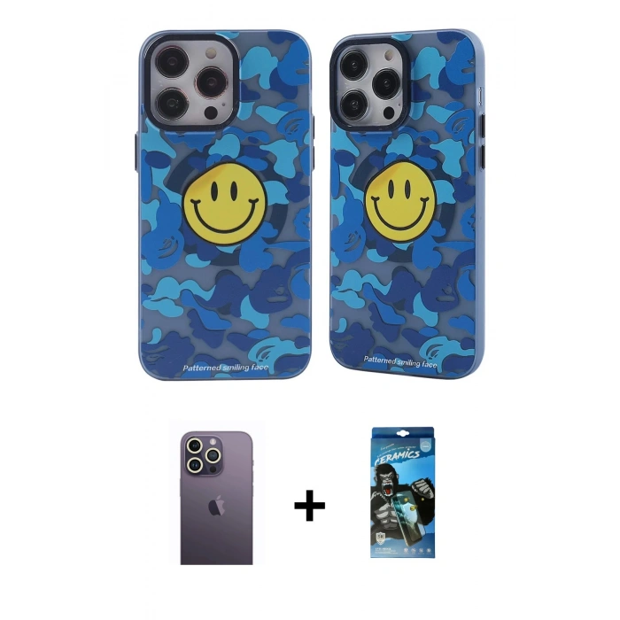 MARSİLYAN™- iPhone 12 Pro Max Kılıf Nova Doku Koleksiyonu - Siyah 34D Izgaralı Cam + Beyaz Neon Fosforlu Kamera Lens