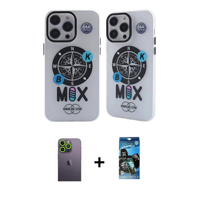 MARSİLYAN™- iPhone 12 Pro Max Kılıf Nova Doku Koleksiyonu - Siyah 34D Izgaralı Cam + Neon Fosforlu Kamera Lens - YL