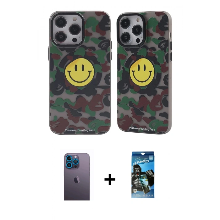 MARSİLYAN™- iPhone 12 Pro Max Kılıf Nova Doku Koleksiyonu - Siyah 34D Izgaralı Cam + Neon Fosforlu Kamera Lens - MI