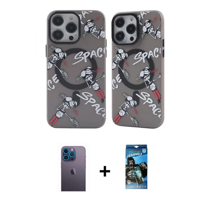 MARSİLYAN™- iPhone 12 Pro Max Kılıf Nova Doku Koleksiyonu - Siyah 34D Izgaralı Cam + Neon Fosforlu Kamera Lens - MI